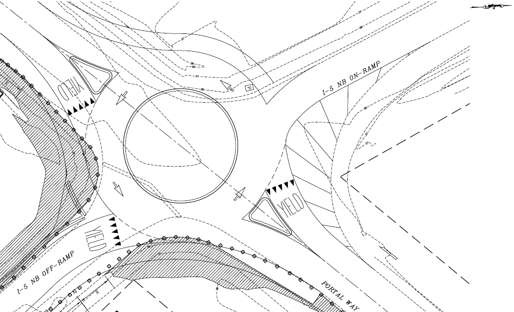Preliminary compact roundabout design provided by Reichhardt & Ebe Engineering, Inc. Click to enlarge.