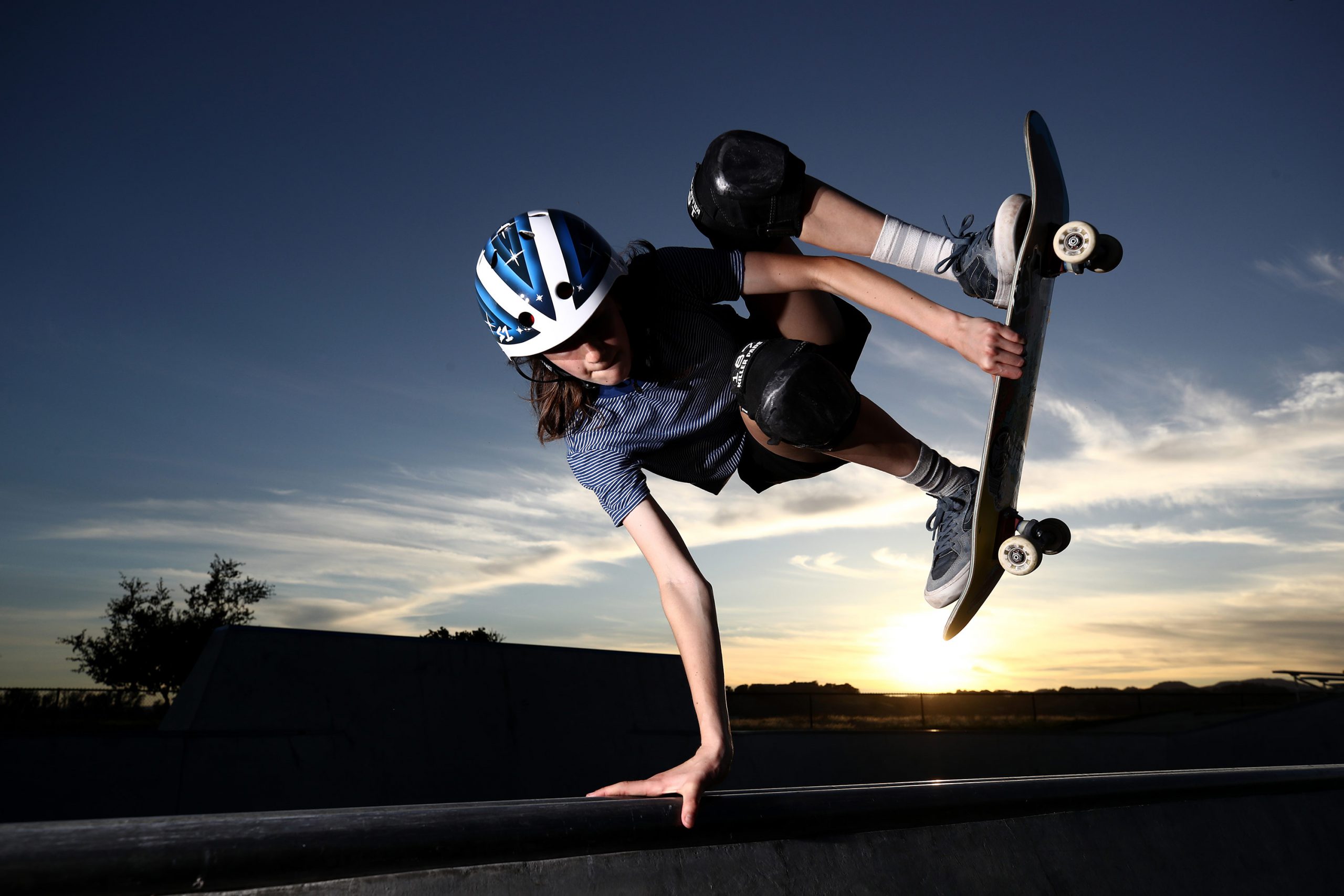 NAPA, CALIFORNIA - JUNE 03: 14-year-old Olympic hopeful skateboarder Minna Stess trains at a skatepark on June 3 2020 in Napa, California. Stess hopes to make the U.S. Olympic team in skateboarding, which will make its debut at the Olympics in Tokyo in 2021, after the Games were postponed this summer due to COVID-19. ( (Photo by Ezra Shaw/Getty Images)